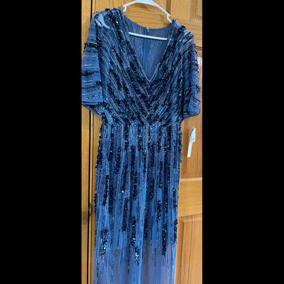 Women’s Formal Dress AIDAN MATTOX Size 10 Blue Beaded Short Sleeve AUTHENTIC NEW - Picture 9 of 11